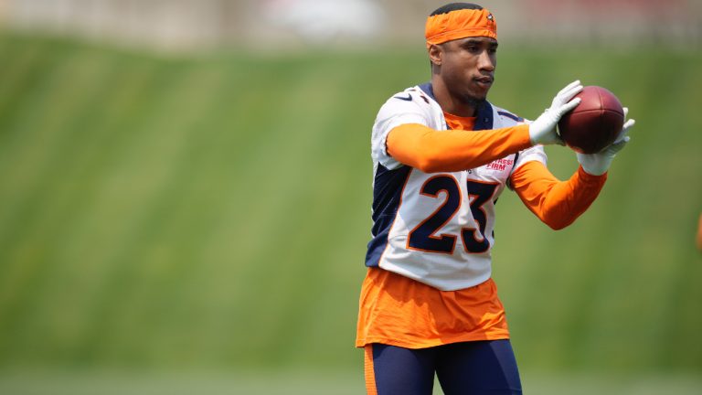 Ronald Darby takes part in drills during practice at the Denver Broncos' headquarters Monday, June 13, 2022, in Centennial, Colo. (David Zalubowski/AP)