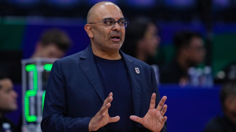 Egypt coach Roy Rana calls a play for his team as they played against Montenegro during the second half of a Basketball World Cup group C match in Manila, Philippines on Sunday, Aug. 27, 2023. (Michael Conroy/AP)