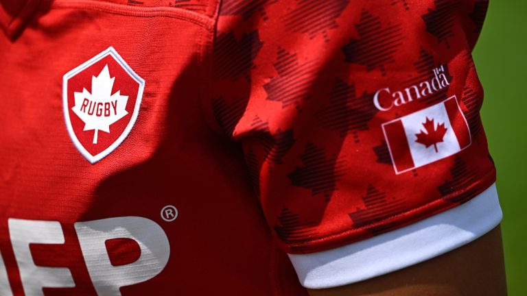 The Rugby Canada crest and maple leaf are seen on the jersey of team captain Sophie de Goede, after a photo op with team captains on Parliament Hill in Ottawa, Wednesday, July 5, 2023. (Justin Tang/CP)