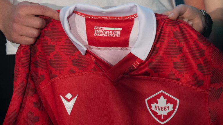 A Canada rugby jersey is held up following a news conference on Monday, April 17, 2023 in Ottawa. (Adrian Wyld/CP)