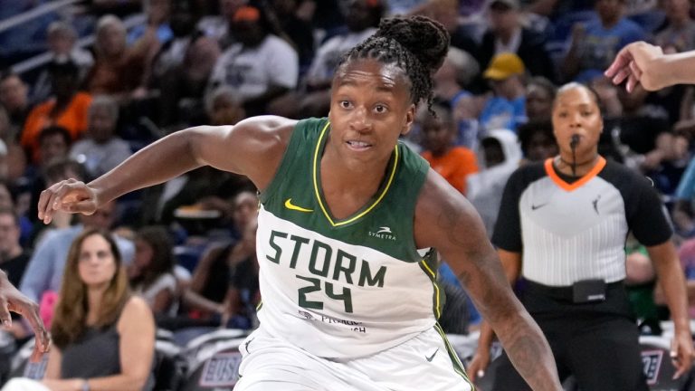 Seattle Storm's Jewell Loyd drives to the basket during a WNBA basketball game against the Chicago Sky Friday, July 28, 2023, in Chicago. (Charles Rex Arbogast/AP)