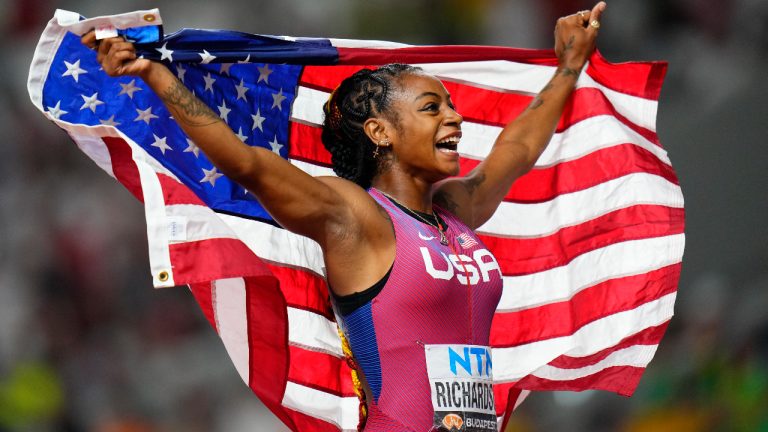 Sha'Carri Richardson, of the United States, celebrates after winning the gold medal in the final of the Women's 100-meters during the World Athletics Championships in Budapest, Hungary, Monday, Aug. 21, 2023. (Petr David Josek/AP)