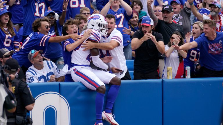 Buffalo Bills wide receiver Tyrell Shavers celebrates with fans after scoring against the Indianapolis Colts during the second half of an NFL preseason football game in Orchard Park, N.Y., Saturday, Aug. 12, 2023. (Charles Krupa/AP)