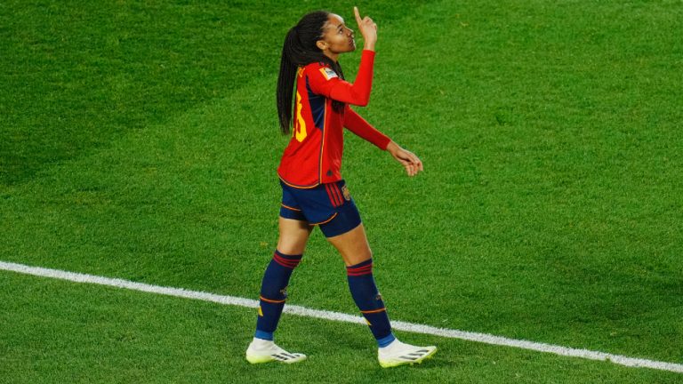 Spain's Salma Paralluelo celebrates after scoring her side's first goal during the Women's World Cup semifinal soccer match between Sweden and Spain at Eden Park in Auckland, New Zealand, Tuesday, Aug. 15, 2023. (Abbie Parr/AP)