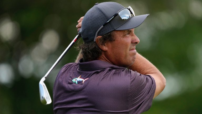 Stephen Ames hits off the 14th tee during the first round of the Champions Tour Principal Charity Classic golf tournament, Friday, June 2, 2023, in Des Moines, Iowa. (Charlie Neibergall/AP)