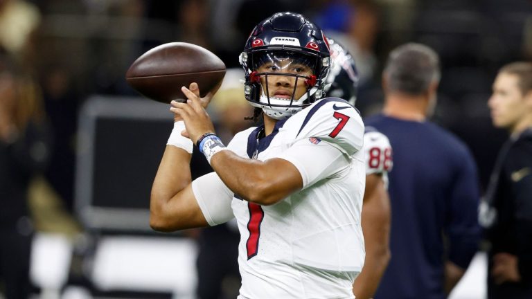 Houston Texans quarterback C.J. Stroud warms up before a preseason NFL football game against the New Orleans Saints, Sunday, Aug. 27, 2023, in New Orleans. (Butch Dill/AP Photo)