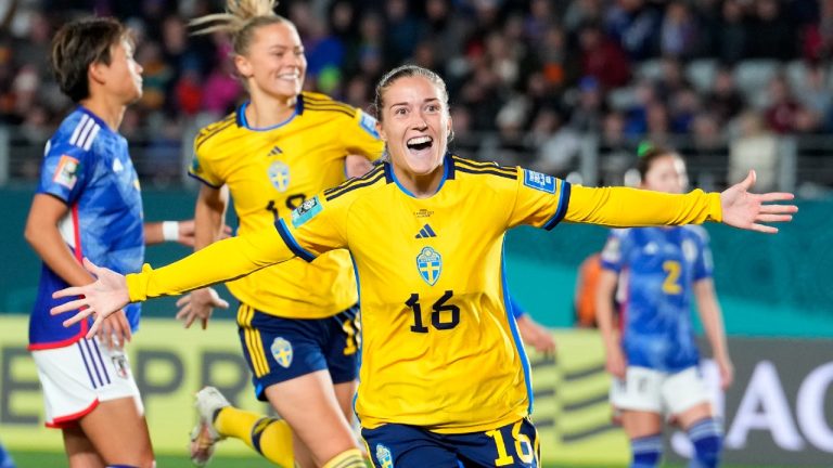 Sweden's Filippa Angeldal celebrates after scoring her side's second goal from the penalty spot during the Women's World Cup quarterfinal soccer match between Japan and Sweden at Eden Park in Auckland, New Zealand, Friday, Aug. 11, 2023. (Abbie Parr/AP)