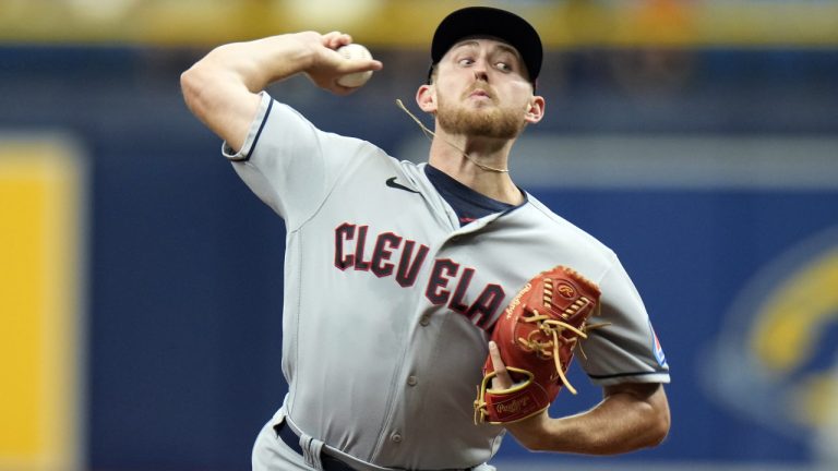 Cleveland Guardians starting pitcher Tanner Bibee delivers to the Tampa Bay Rays during the first inning of a baseball game Sunday, Aug. 13, 2023, in St. Petersburg, Fla. (Chris O'Meara/AP)