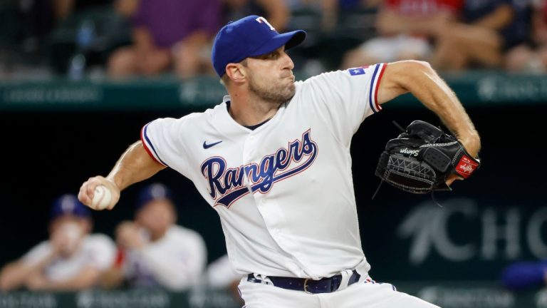 Texas Rangers starting pitcher Max Scherzer throws against the Chicago White Sox during the first inning of a baseball game, Thursday, Aug. 3, 2023, in Arlington, Texas. (Michael Ainsworth/AP)