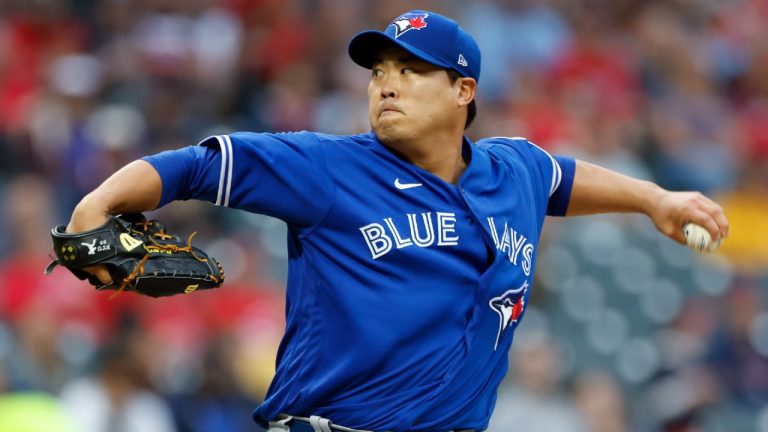 Toronto Blue Jays starting pitcher Hyun Jin Ryu delivers against the Cleveland Guardians during the first inning of a baseball game, Monday, Aug. 7, 2023, in Cleveland. (Ron Schwane/AP)