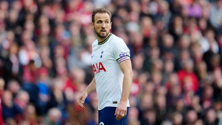 Tottenham's Harry Kane looks on during an English Premier League soccer match between Liverpool and Tottenham Hotspur at Anfield stadium in Liverpool, Sunday, April 30, 2023. (Jon Super/AP)