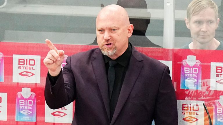 Canada's head coach Andre Tourigny gestures during the quarterfinal match between Canada and Finland at the ice hockey world championship in Tampere, Finland, Thursday, May 25, 2023. (AP)