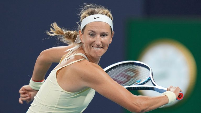 Victoria Azarenka, of Belarus, returns a volley from Camila Giorgi, of Italy, in the second set of a match at the Miami Open tennis tournament, Thursday, March 23, 2023, in Miami Gardens, Fla. (Jim Rassol/AP)