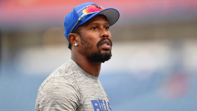 Buffalo Bills linebacker Von Miller warms up before an NFL preseason football game against the Indianapolis Colts in Orchard Park, N.Y., Saturday, Aug. 12, 2023. (Adrian Kraus/AP)