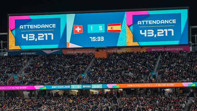 A screen shows the crowd attendance during the Women's World Cup second round soccer match between Switzerland and Spain at Eden Park in Auckland, New Zealand, Saturday, Aug. 5, 2023. (Andrew Cornaga/AP)