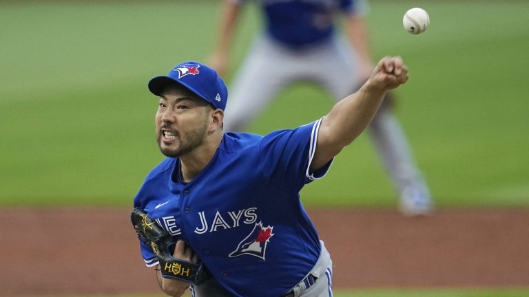 Toronto Blue Jays' Yusei Kikuchi pitches to a Cleveland Guardians batter during the first inning of a baseball game Tuesday, Aug. 8, 2023, in Cleveland. (Sue Ogrocki/AP)