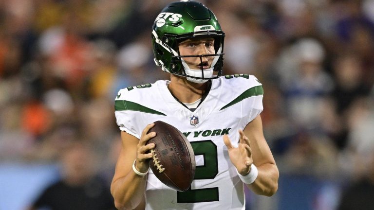 New York Jets quarterback Zach Wilson looks to pass during the first half against the Cleveland Browns in the Hall of Fame NFL football preseason game Thursday, Aug. 3, 2023, in Canton, Ohio. (David Dermer/AP)