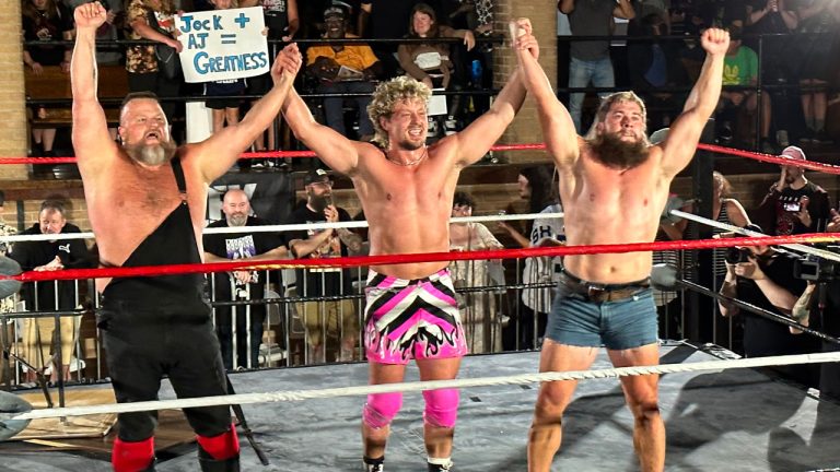 Toronto Argonauts running back A.J. Ouellette celebrates after his appearance at Greektown Toronto Wrestling. (Kevin Michie/Sportsnet)