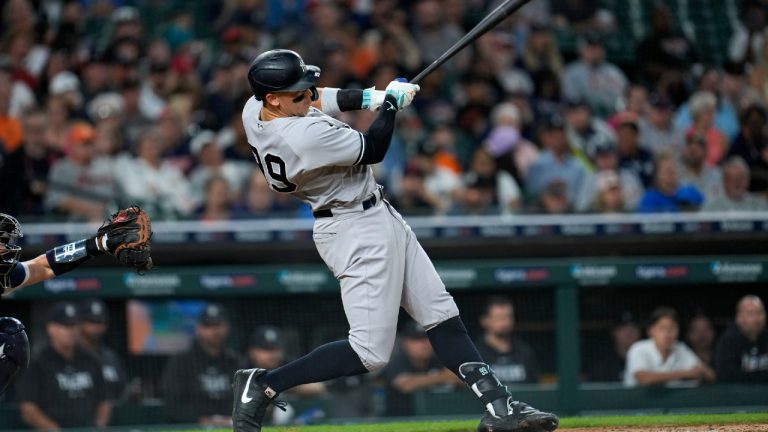 New York Yankees' Aaron Judge hits a home run against the Detroit Tigers in the seventh inning of a baseball game, Monday, Aug. 28, 2023, in Detroit. (Paul Sancya/AP)