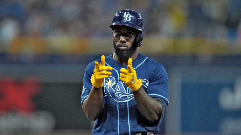 Tampa Bay Rays' Randy Arozarena reacts after his RBI single off St. Louis Cardinals relief pitcher Andre Pallante scored Wander Franco during the eighth inning of a baseball game Tuesday, Aug. 8, 2023, in St. Petersburg, Fla. (Chris O'Meara/AP Photo)