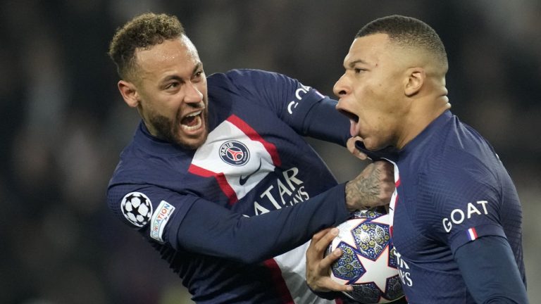 Kylian Mbappe, right, and Neymar, left, are PSG's biggest stars, after the exit of Lionel Messi. But for how long remains to be seen. (Christophe Ena/AP)