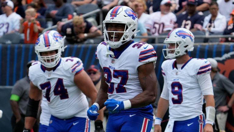 Buffalo Bills' Darrynton Evans reacts after scoring a touchdown during the second half of an NFL preseason football game against the Chicago Bears, Saturday, Aug. 26, 2023, in Chicago. (Nam Y. Huh/AP Photo)