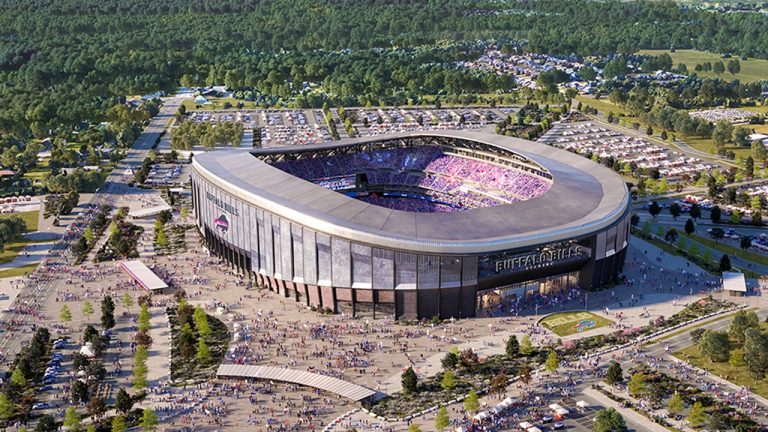 FILE - This artist rendering provided by the Buffalo Bills, on Thursday, March 2, 2023, shows the team's proposed new National Football League stadium in Orchard Park, N.Y. (Buffalo Bills via Populous, via AP)