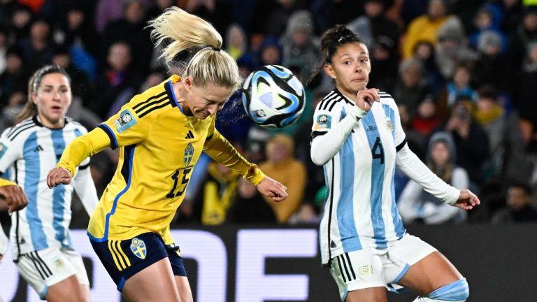 Sweden's Rebecka Blomqvist, left, heads the ball to score her team's first goal during the Women's World Cup Group G soccer match between Argentina and Sweden in Hamilton, New Zealand, Wednesday, Aug. 2, 2023. (Andrew Cornaga/AP)