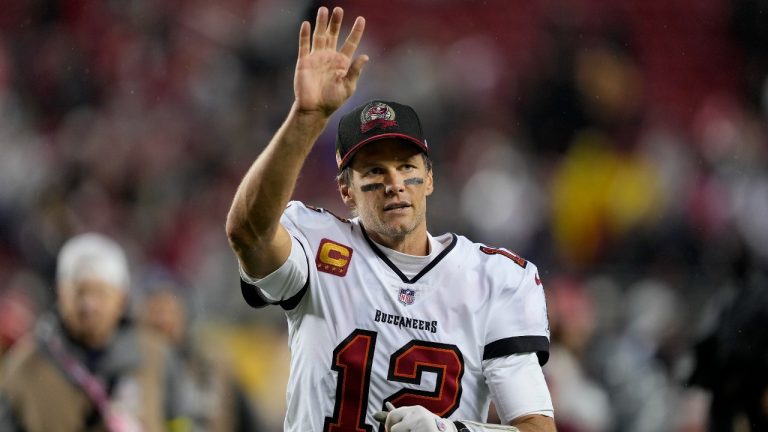 Tampa Bay Buccaneers quarterback Tom Brady (12) waves after an NFL football game against the San Francisco 49ers in Santa Clara, Calif., Sunday, Dec. 11, 2022. (Tony Avelar/AP)