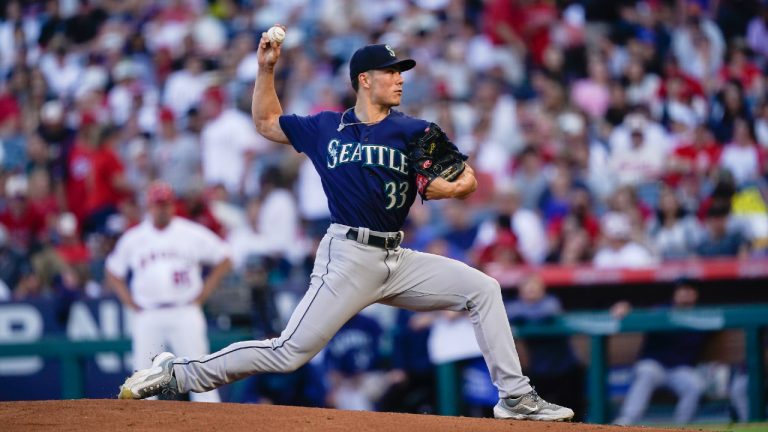 Seattle Mariners starting pitcher Bryan Woo delivers during the first inning of the team's baseball game against the Los Angeles Angels, Thursday, Aug. 3, 2023, in Anaheim, Calif. (Ryan Sun/AP)