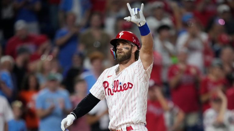 Philadelphia Phillies' Bryce Harper reacts during the second baseball game in a doubleheader, Tuesday, Aug. 8, 2023, in Philadelphia. (Matt Slocum/AP)