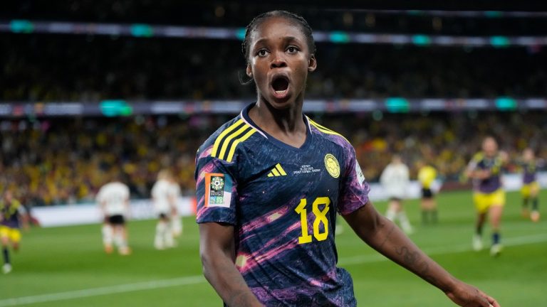 Colombia's Linda Caicedo celebrates after scoring her side's opening goal during the Women's World Cup Group H soccer match between Germany and Colombia at the Sydney Football Stadium in Sydney, Australia, Sunday, July 30, 2023. (Rick Rycroft/AP)