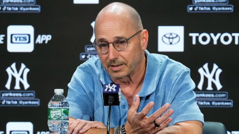 New York Yankees general manager Brian Cashman gestures while speaking during a news conference before a baseball game against the Washington Nationals Wednesday, Aug. 23, 2023, in New York. (Frank Franklin II/AP)