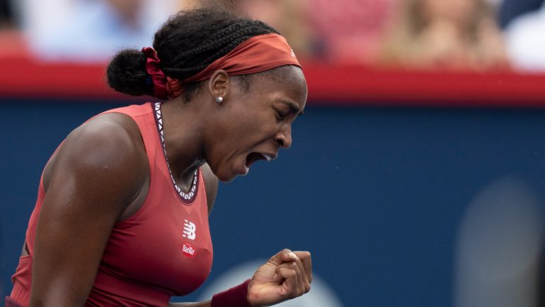 Coco Gauff reacts during her game against Jessica Pegula, both of the United States, during quarterfinal action at the National Bank Open tennis tournament in Montreal, Friday, Aug. 11, 2023. (Christinne Muschi/CP)