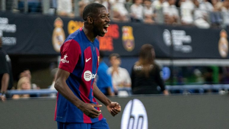 FC Barcelona forward Ousmane Dembele celebrates a goal against Real Madrid during the first half of a Champions Tour soccer match, Saturday, July 29, 2023 at AT&T Stadium in Arlington, Texas. (Jeffrey McWhorter/AP)