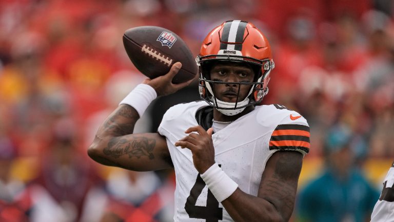 Cleveland Browns quarterback Deshaun Watson looks to pass during the first half of an NFL preseason football game against the Kansas City Chiefs Saturday, Aug. 26, 2023, in Kansas City, Mo. (Charlie Riedel/AP)