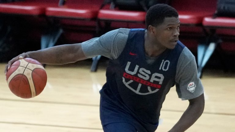 Anthony Edwards of the Minnesota Timberwolves drives up the court during training camp for the United States men's basketball team Thursday, Aug. 3, 2023, in Las Vegas. (John Locher/AP)