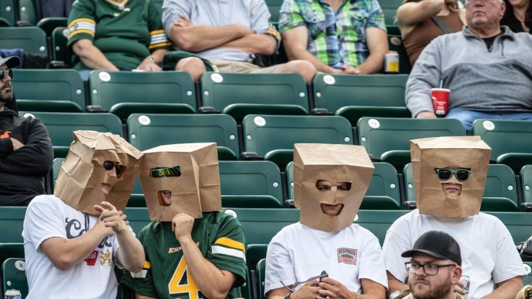 Elks fans watch as the Edmonton Elks take on the B.C. Lions during first half CFL action in Edmonton, Alta., on Saturday, July 29, 2023. (Jason Franson/THE CANADIAN PRESS)