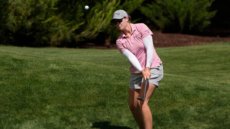 Ally Ewing chips onto the ninth green during the first day of round-robin play in the LPGA Bank of Hope Match Play golf tournament Wednesday, May 24, 2023, in North Las Vegas, Nev. (John Locher/AP)