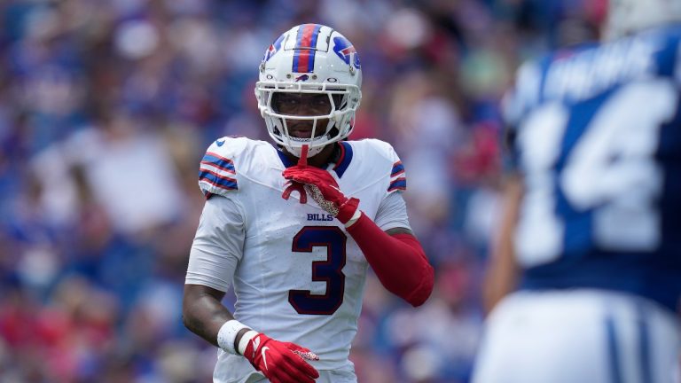 Buffalo Bills safety Damar Hamlin (3) waits for the play to start during the first half of an NFL preseason football game against the Indianapolis Colts in Orchard Park, N.Y., Saturday, Aug. 12, 2023. (Charles Krupa/AP Photo)