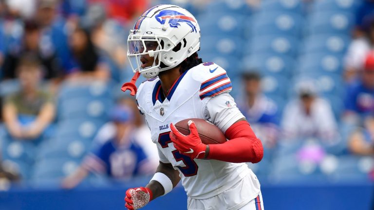 Buffalo Bills safety Damar Hamlin warms up before an NFL preseason football game against the Indianapolis Colts in Orchard Park, N.Y., Saturday, Aug. 12, 2023. (Adrian Kraus/AP)