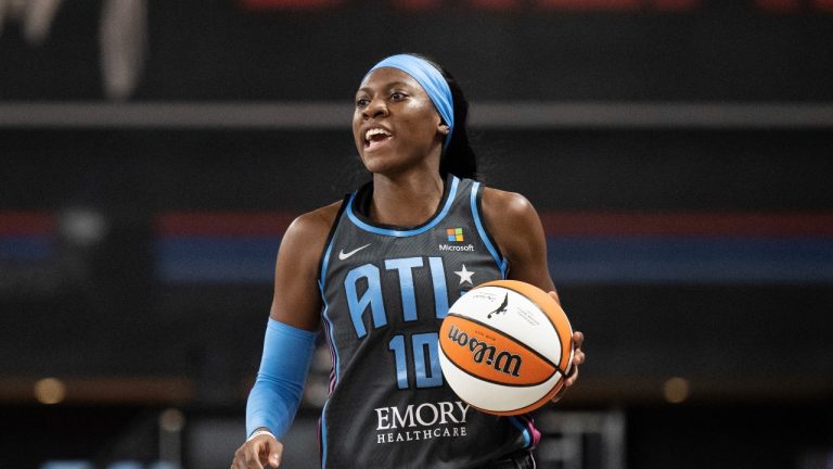 Atlanta Dream guard Rhyne Howard (10) during a WNBA basketball game against the Las Vegas Aces, Friday, June 2, 2023, in College Park, Ga. (Danny Karnik/AP Photo)