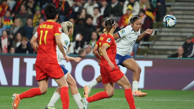 England's Lauren James, right, heads the ball during the Women's World Cup Group D soccer match between China and England in Adelaide, Australia, Tuesday, Aug. 1, 2023. (James Elsby/AP)