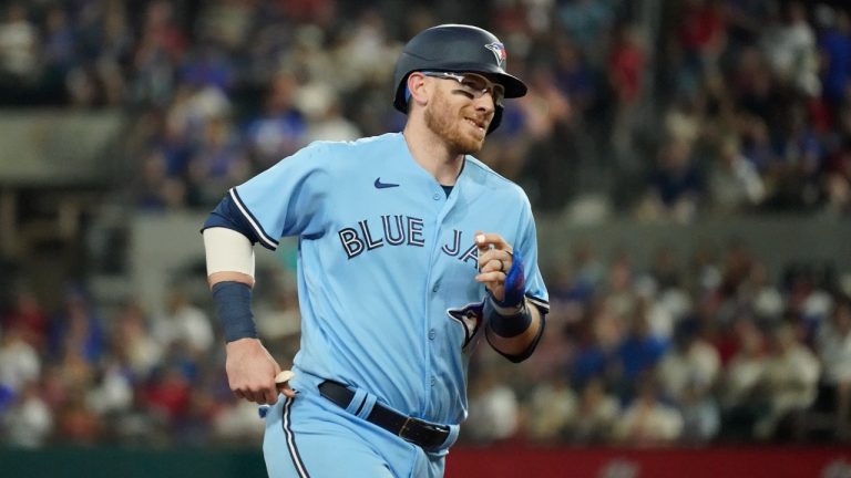 Toronto Blue Jays' Danny Jansen runs the bases after hitting a home run during the fifth inning of a baseball game against the Texas Rangers in Arlington, Texas, Friday, June 16, 2023. (LM Otero/AP)