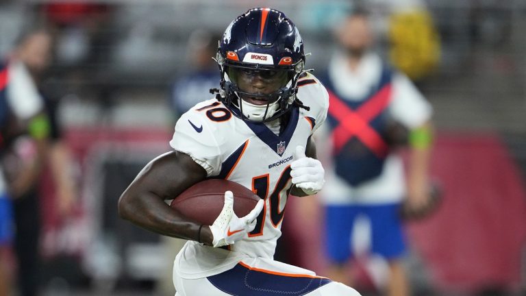 Denver Broncos wide receiver Jerry Jeudy (10) against the Arizona Cardinals during the first half of an NFL preseason football game, Friday, Aug. 11, 2023, in Glendale, Ariz. (Matt York/AP)