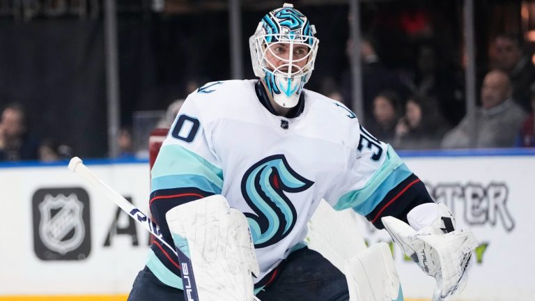 Seattle Kraken goaltender Martin Jones watches the puck during the second period of the team's NHL hockey game against the New York Rangers on Friday, Feb. 10, 2023, in New York. (Frank Franklin II/AP)