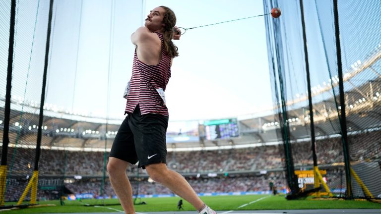 Ethan Katzberg, of Canada,makes an attempt in the Men's hammer throw final during the World Athletics Championships in Budapest, Hungary, Sunday, Aug. 20, 2023. (Bernat Armangue/AP)