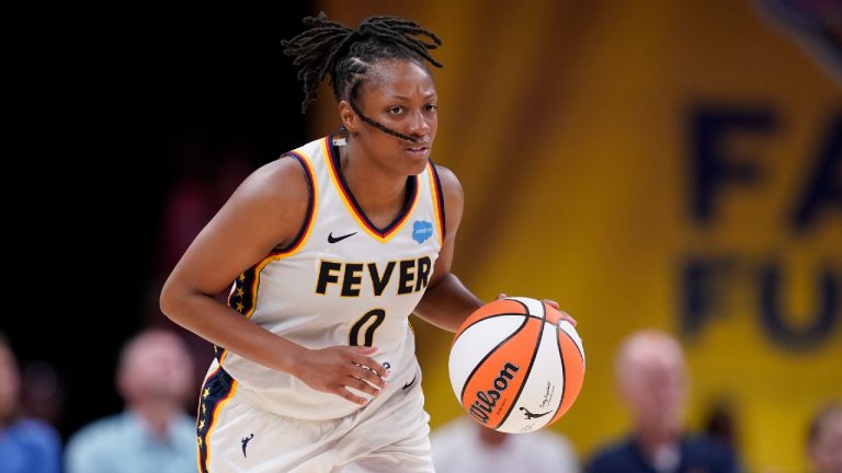 Indiana Fever's Kelsey Mitchell dribbles during the second half of a WNBA basketball game against the Connecticut Sun, Friday, Aug. 4, 2023, in Indianapolis. (Darron Cummings/AP)