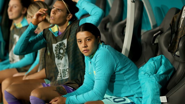 Australia's Sam Kerr walks sits on the bench before the Women's World Cup Group B soccer match between Australia and Canada in Melbourne, Australia, Monday, July 31, 2023. (Hamish Blair/AP)