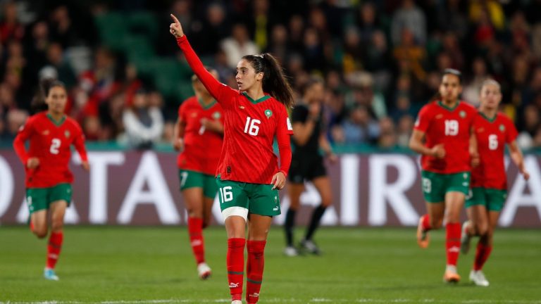 Morocco's Anissa Lahmari celebrates after scoring her sides first goal during the Women's World Cup Group H soccer match between Morocco and Colombia in Perth, Australia, Thursday, Aug. 3, 2023. (Gary Day/AP)